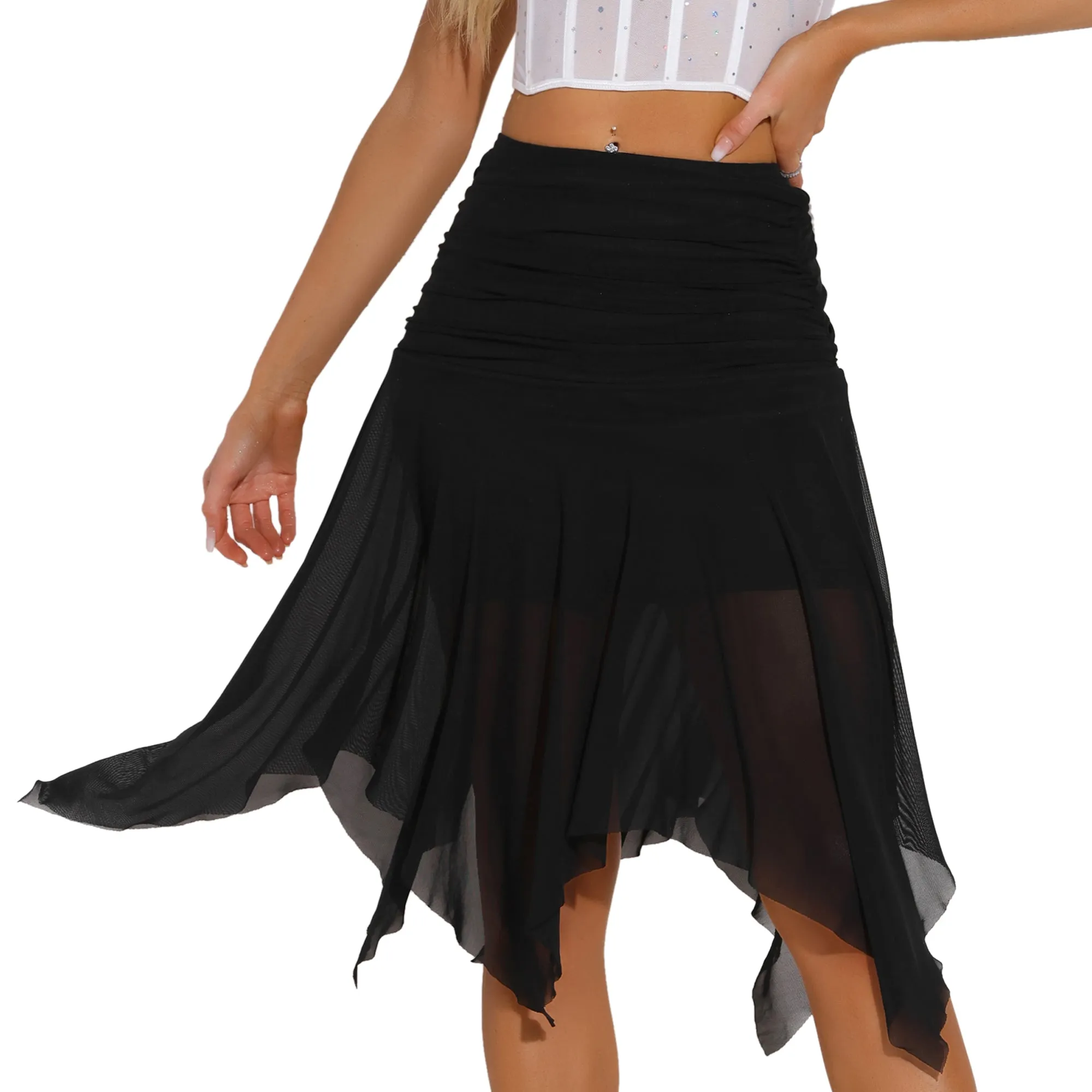 Asymmetrical Hem Ruched Flowy Mesh Midi Skirt