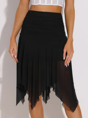 Asymmetrical Hem Ruched Flowy Mesh Midi Skirt