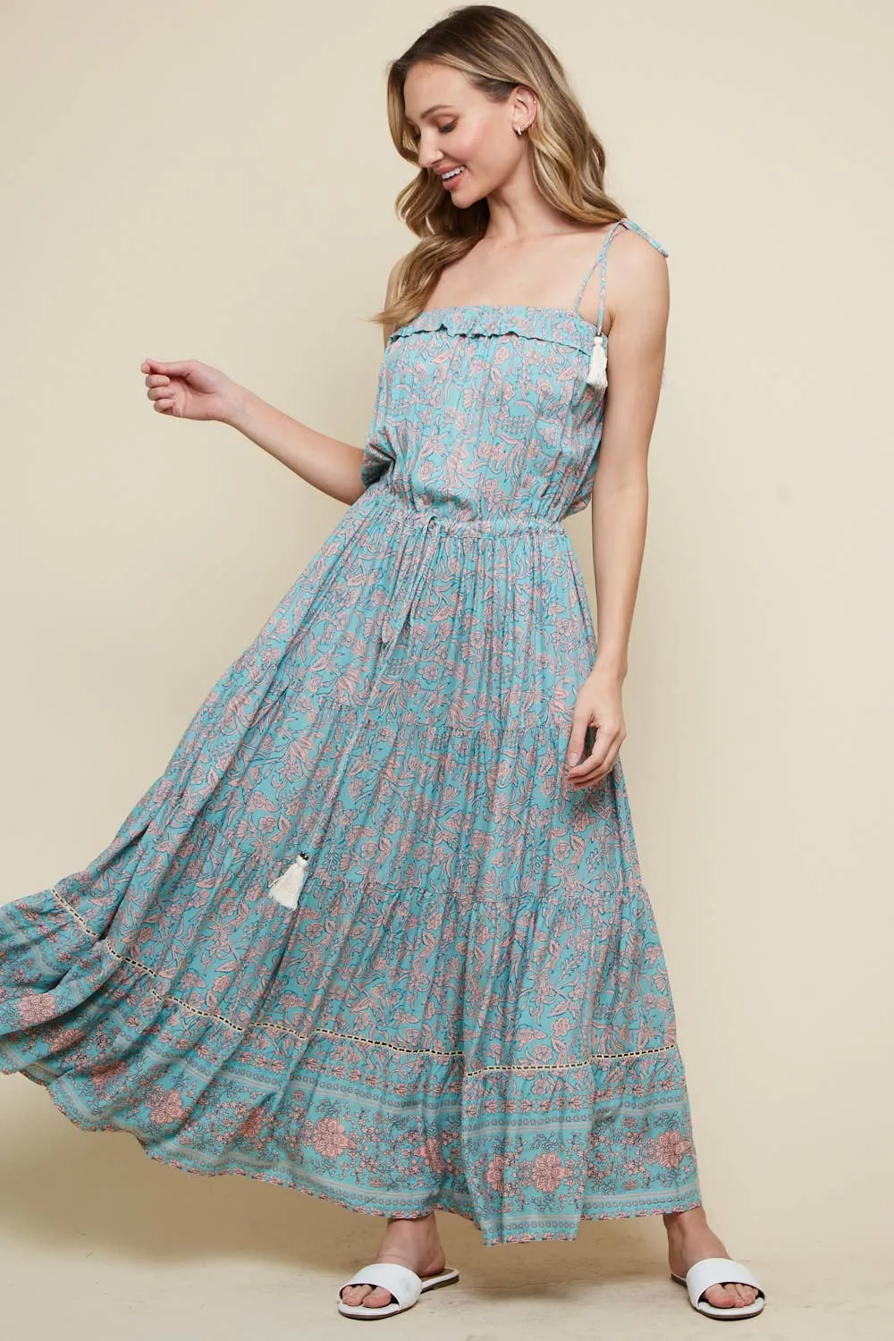 Blue Floral Printed Maxi Dress With Tassel