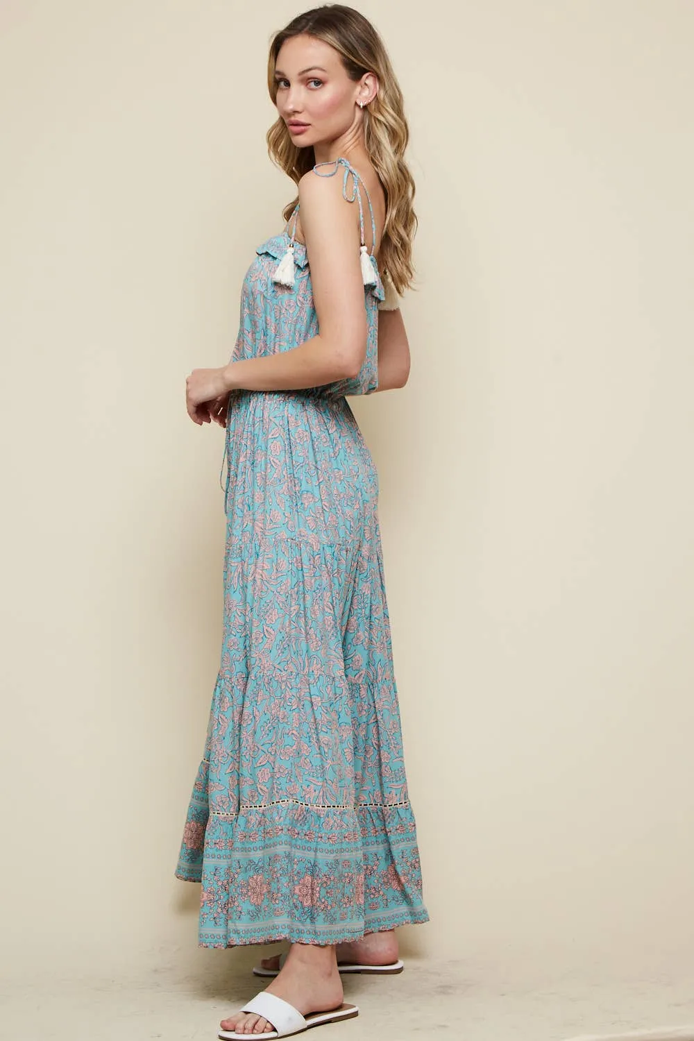 Blue Floral Printed Maxi Dress With Tassel