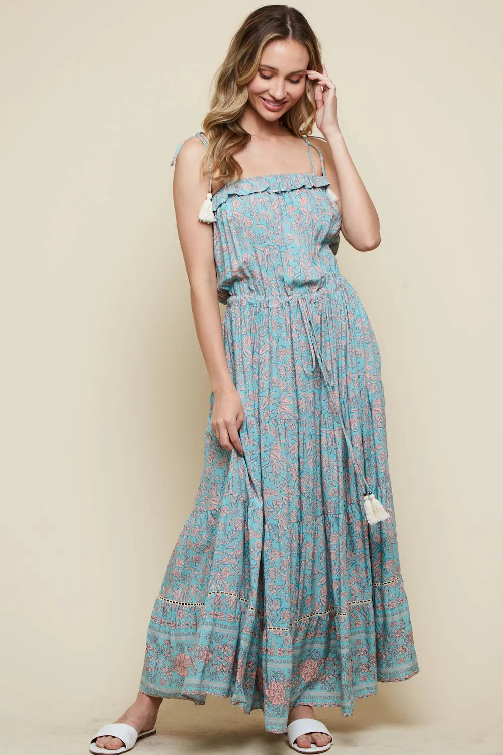 Blue Floral Printed Maxi Dress With Tassel