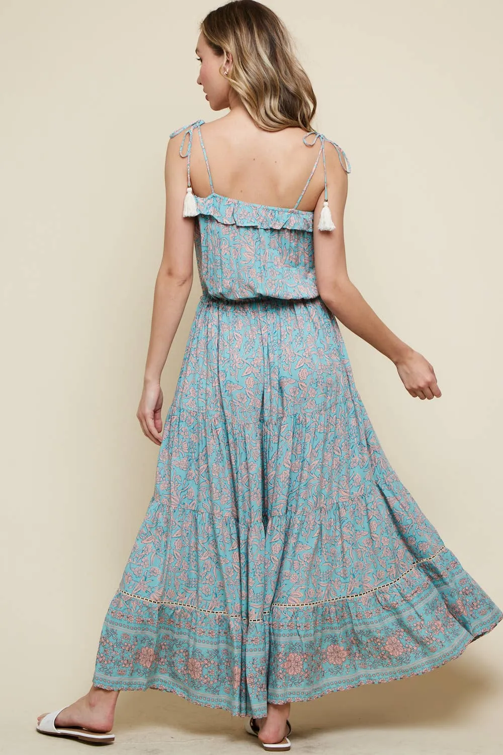 Blue Floral Printed Maxi Dress With Tassel