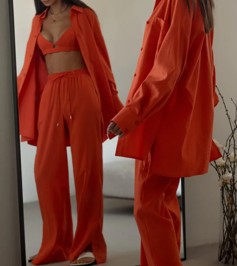 Chest-pocket Brght Color 3 pieces Set (Bustier top  Shirt Pants)