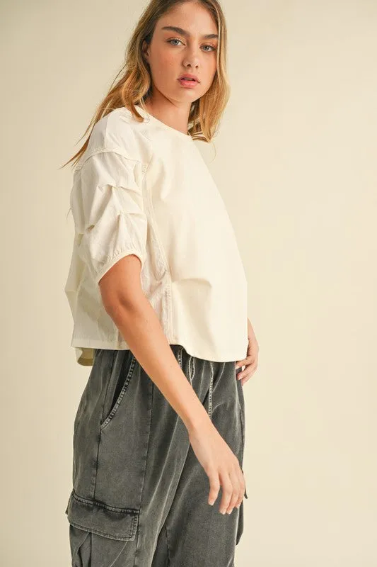 Cream Pleat Sleeve Tee