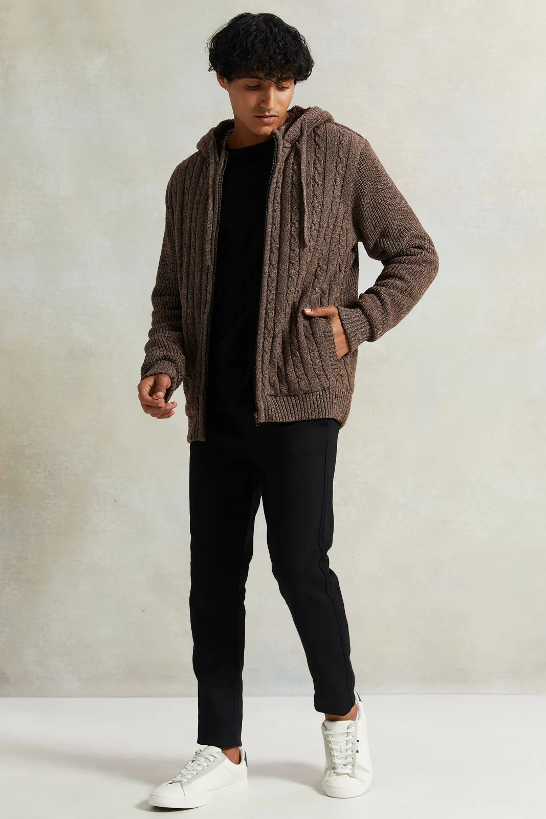 Men Brown Knitted Zip Thru Hoody With Faux Fur Lining