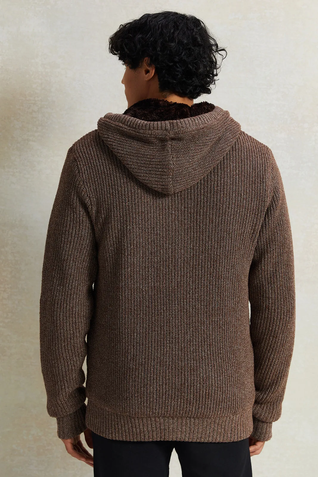 Men Brown Knitted Zip Thru Hoody With Faux Fur Lining