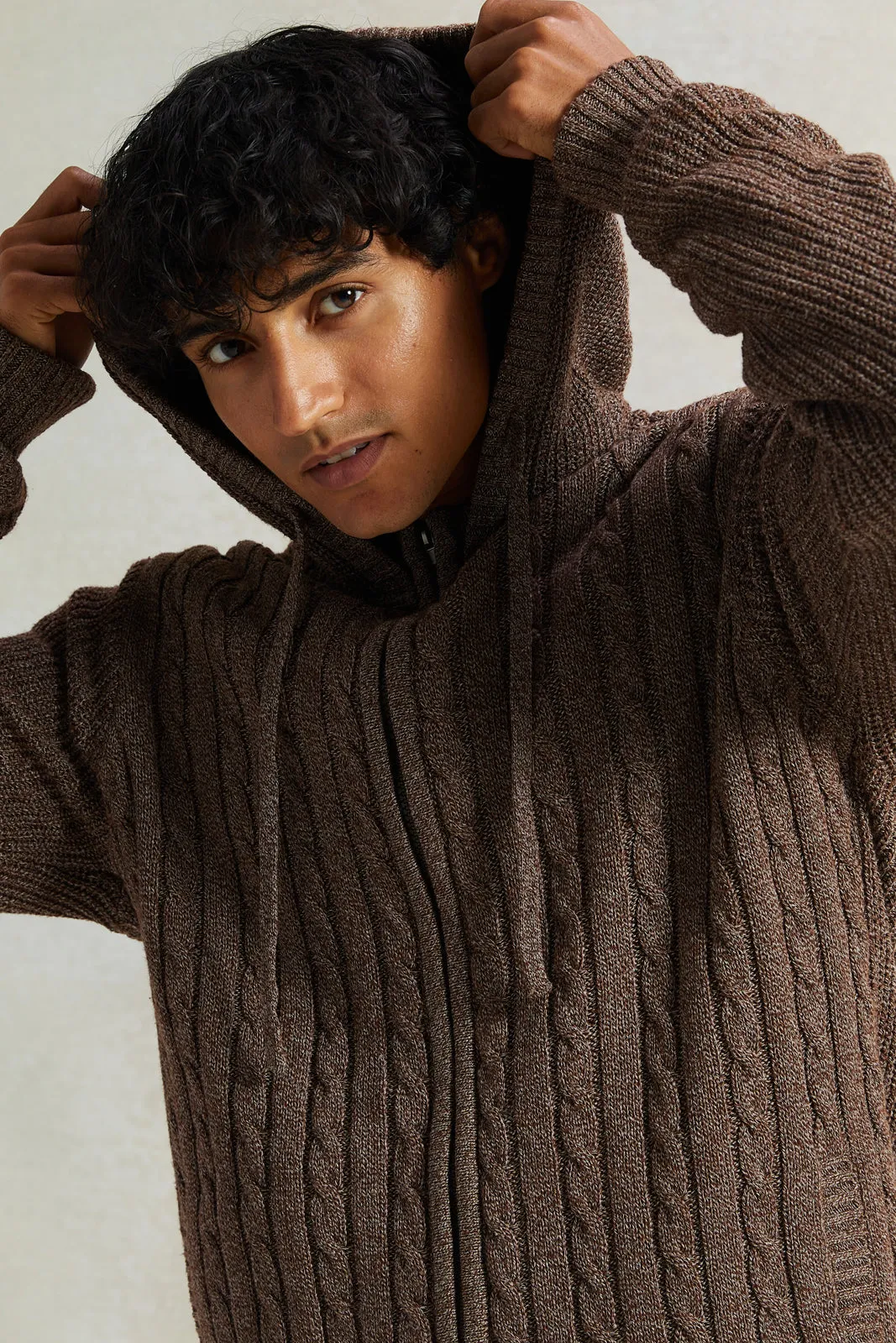 Men Brown Knitted Zip Thru Hoody With Faux Fur Lining