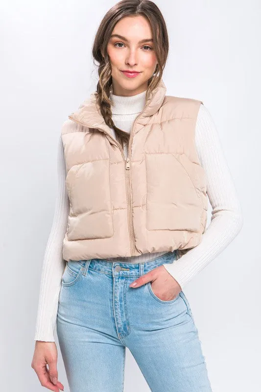 Puffer Vest With Pockets | Solid Cropped Vest Wit Zip Closure & Mock Neckline