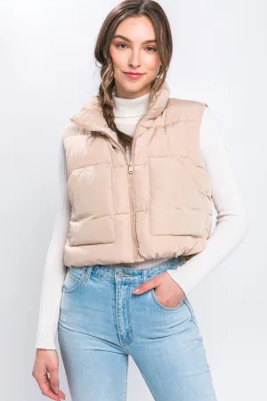 Puffer Vest With Pockets | Solid Cropped Vest Wit Zip Closure & Mock Neckline