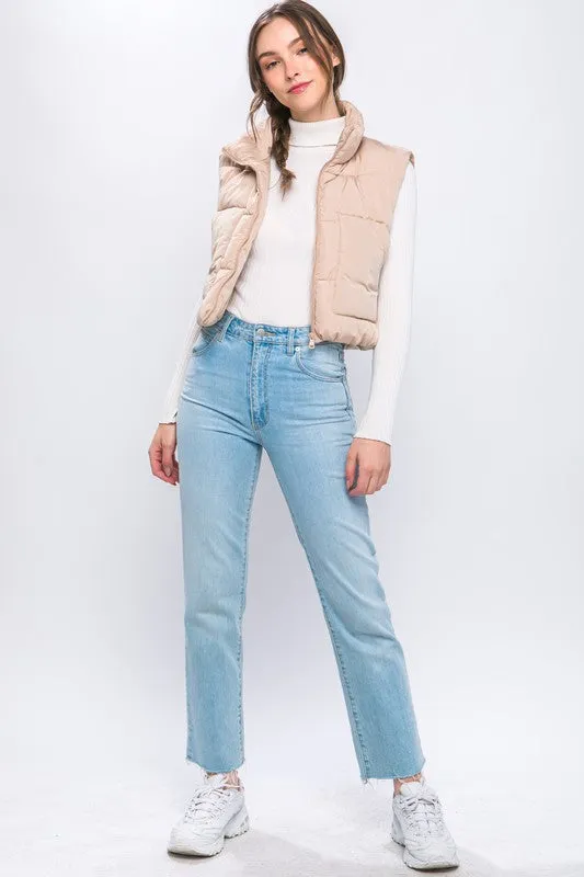 Puffer Vest With Pockets | Solid Cropped Vest Wit Zip Closure & Mock Neckline