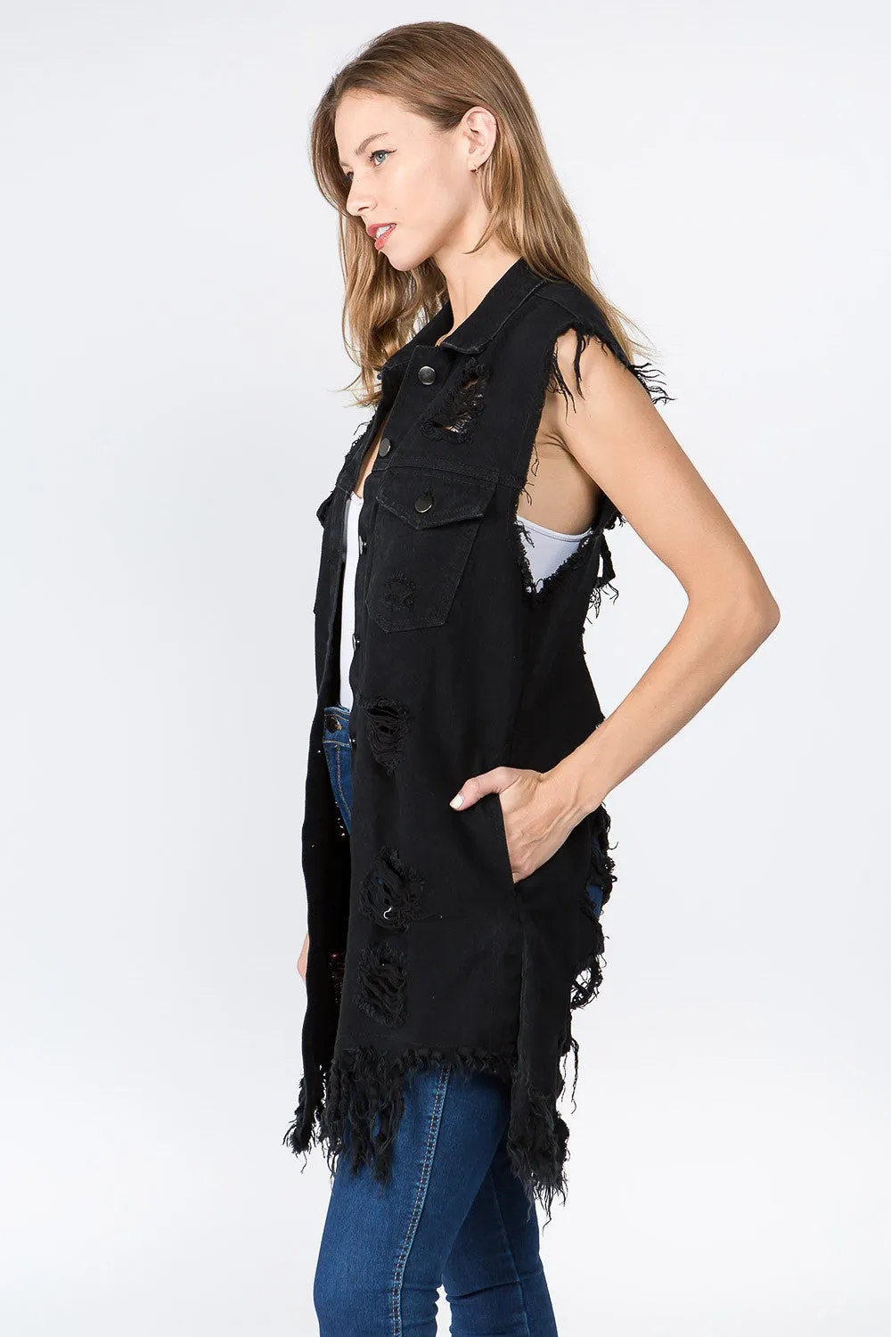 Women's Destroyed Long Denim Robe Vest